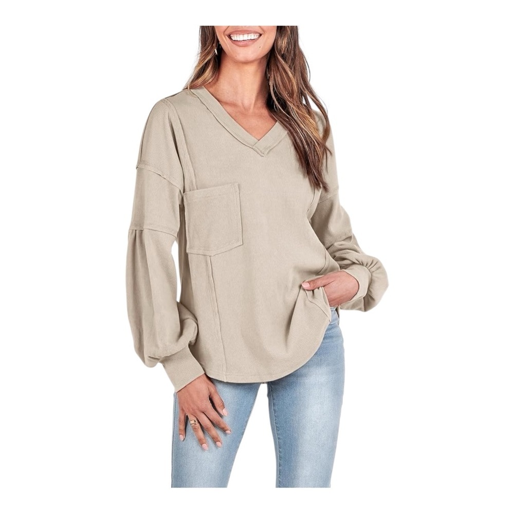 BTFBM Ribbed V-Neck Balloon Sleeve Tunic Top Beige Size L - Picture 2 of 10